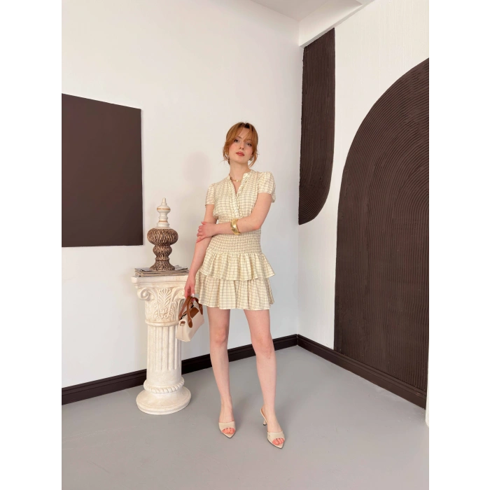 Büzgülü Bel Ekose Fırfırlı Mini Elbise Sarı