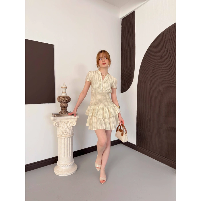 Büzgülü Bel Ekose Fırfırlı Mini Elbise Sarı