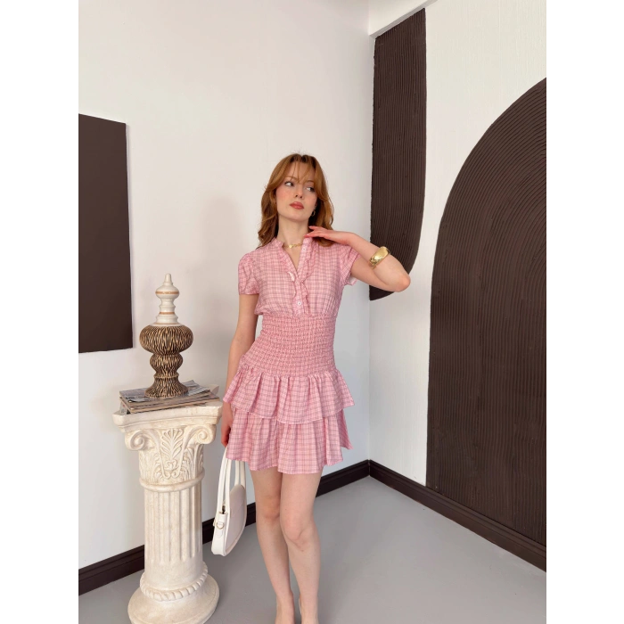 Büzgülü Bel Ekose Fırfırlı Mini Elbise Pembe