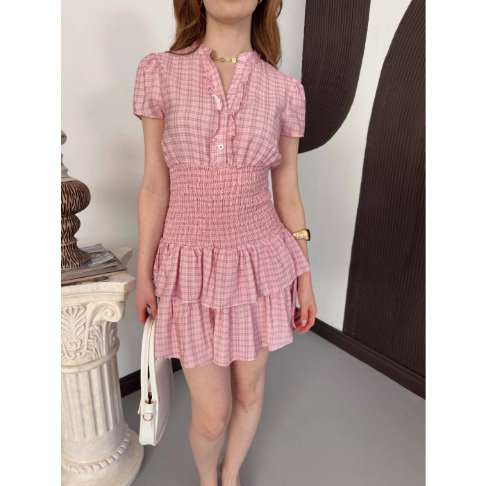 Büzgülü Bel Ekose Fırfırlı Mini Elbise Pembe