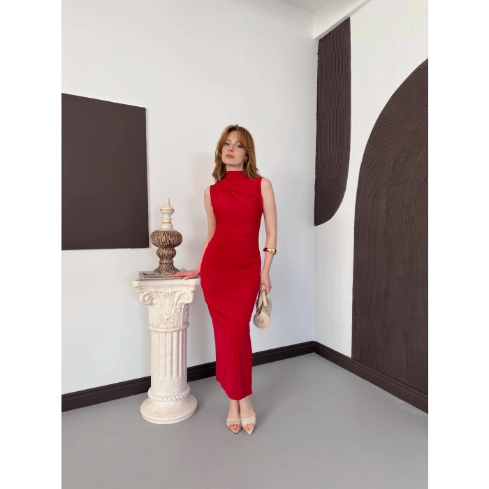 Sıfır Drapeli Yırmaç Detaylı Elbise Kırmızı