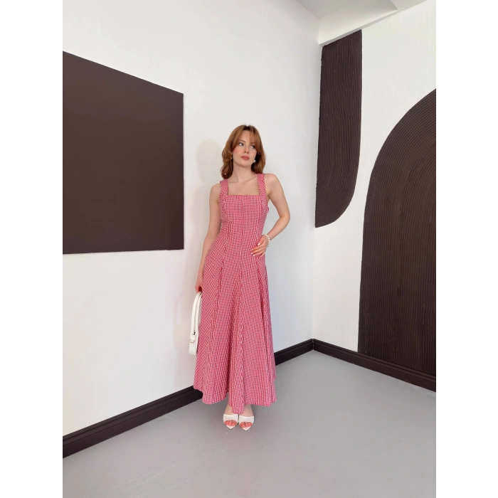 Pötikareli Kare Yaka Midi Elbise Kırmızı