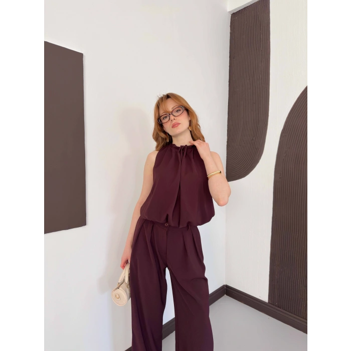 Büzgü Detay Bluz Pantolon Takım Mürdüm