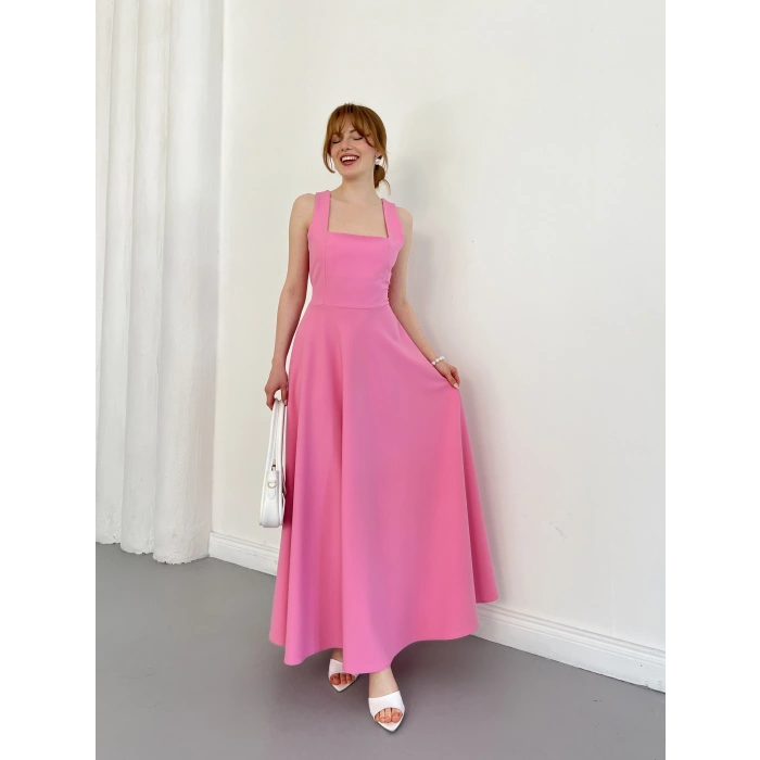 Atlet Yaka Ön-Arka Bağlama Detaylı Midi Elbise Pembe