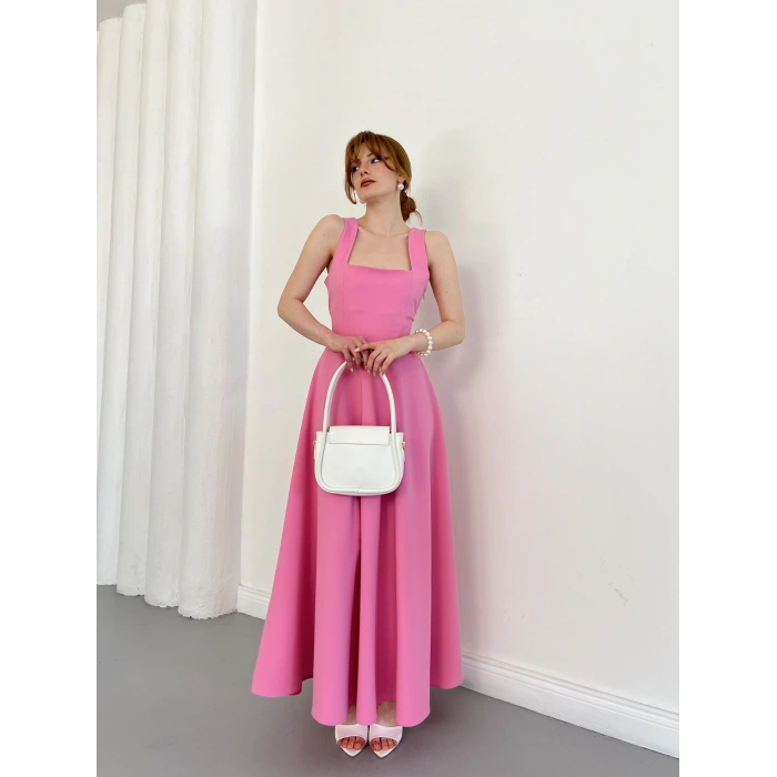 Atlet Yaka Ön-Arka Bağlama Detaylı Midi Elbise Pembe