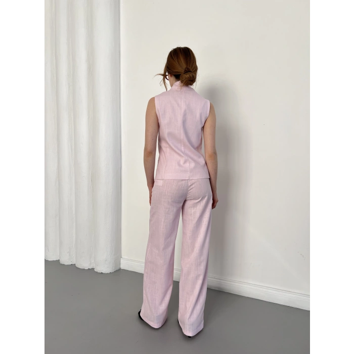 Keten Kumaş Düğme Detay Yelek-Pantolon Takım Pembe