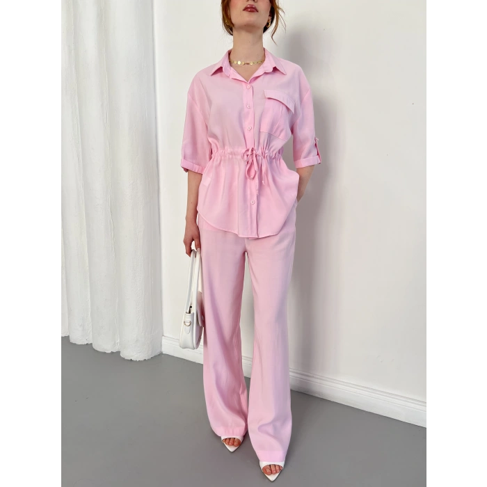 Bel Büzgü Detalı Gömlek-Pantolon Takım Pembe