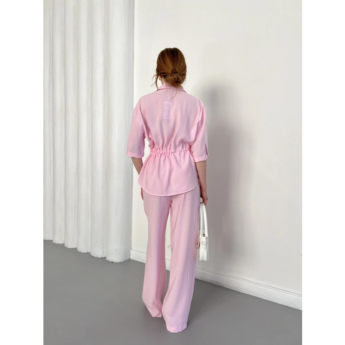 Bel Büzgü Detalı Gömlek-Pantolon Takım Pembe