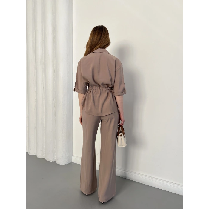 Bel Büzgü Detalı Gömlek-Pantolon Takım Vizon