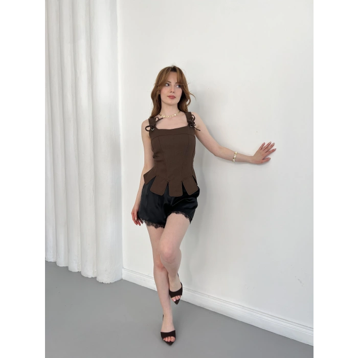 Askı Detaylı Korse Bluz Kahve