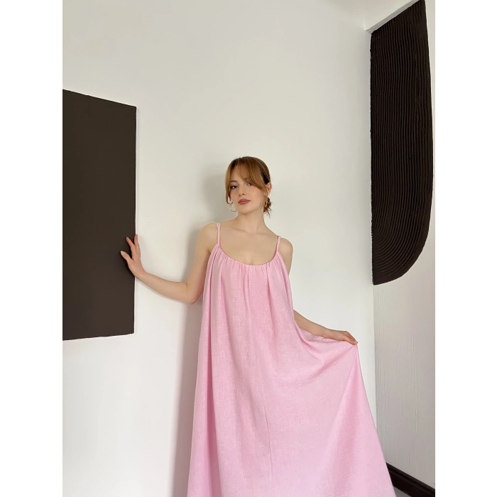 İp Askılı Astarlı Muslin Elbise Pembe