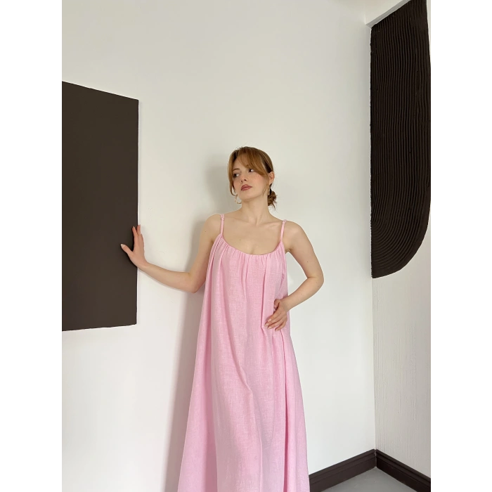 İp Askılı Astarlı Muslin Elbise Pembe
