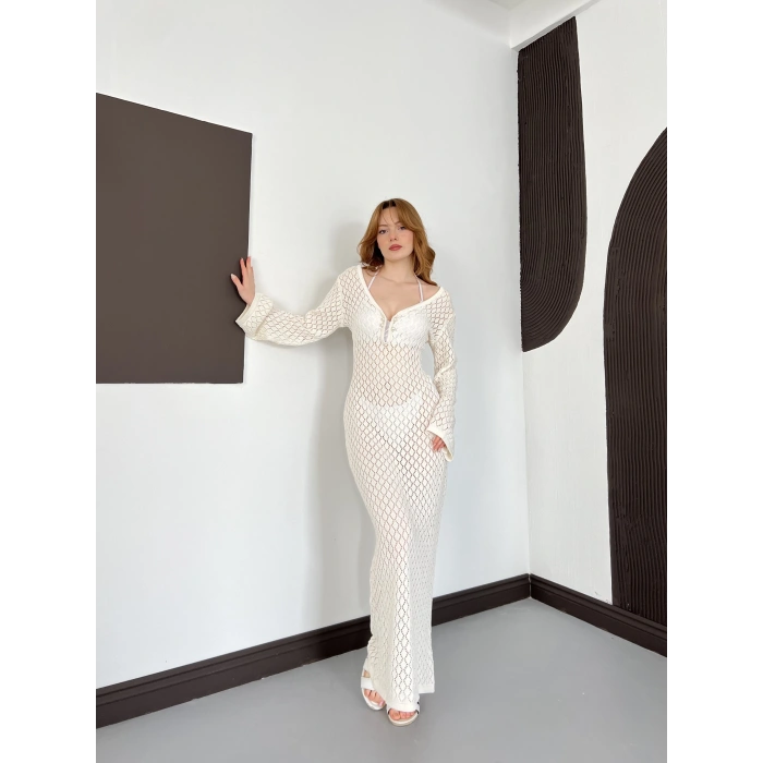 Pencere Detaylı Ajurlu Triko Elbise Bej