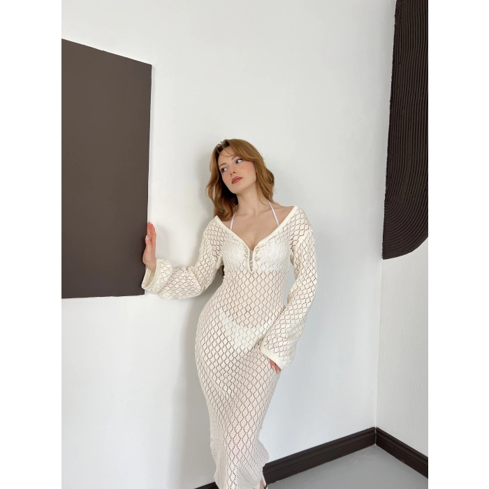 Pencere Detaylı Ajurlu Triko Elbise Bej
