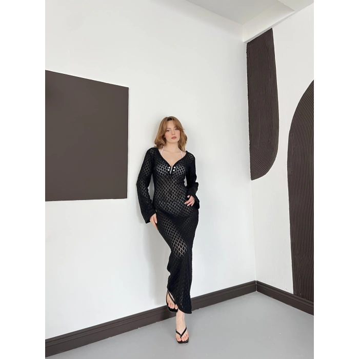 Pencere Detaylı Ajurlu Triko Elbise Siyah