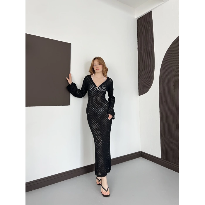 Pencere Detaylı Ajurlu Triko Elbise Siyah