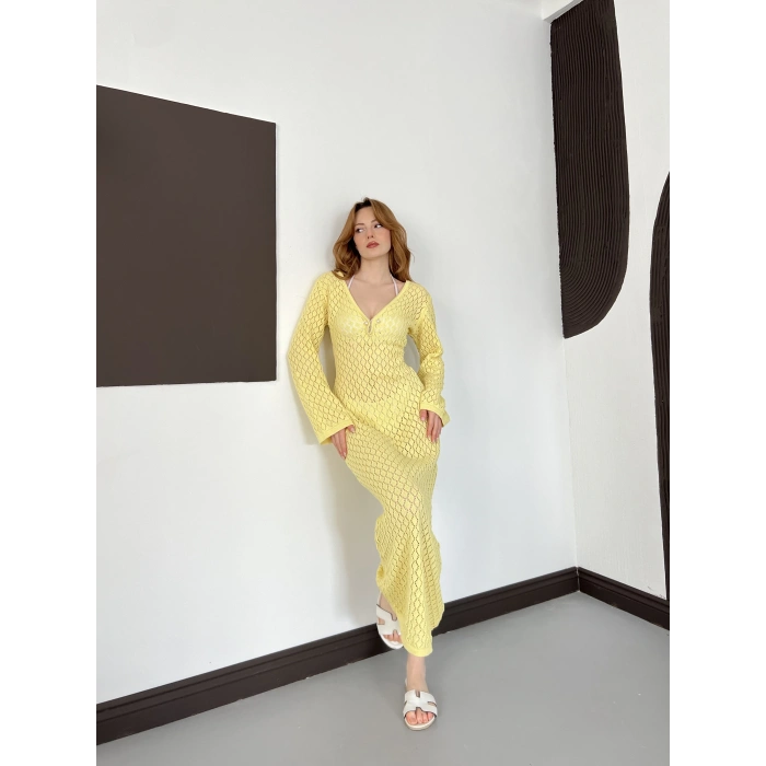 Pencere Detaylı Ajurlu Triko Elbise Sarı
