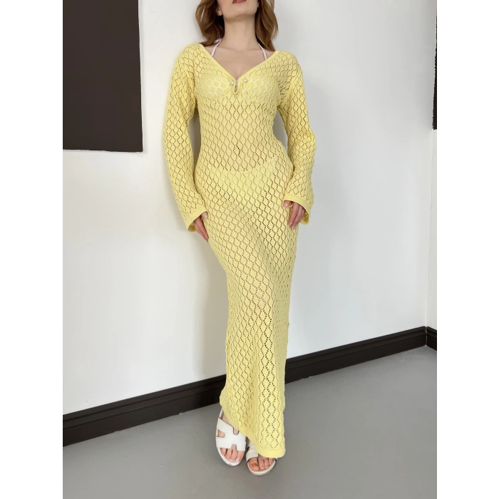 Pencere Detaylı Ajurlu Triko Elbise Sarı