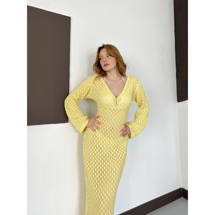 Pencere Detaylı Ajurlu Triko Elbise Sarı