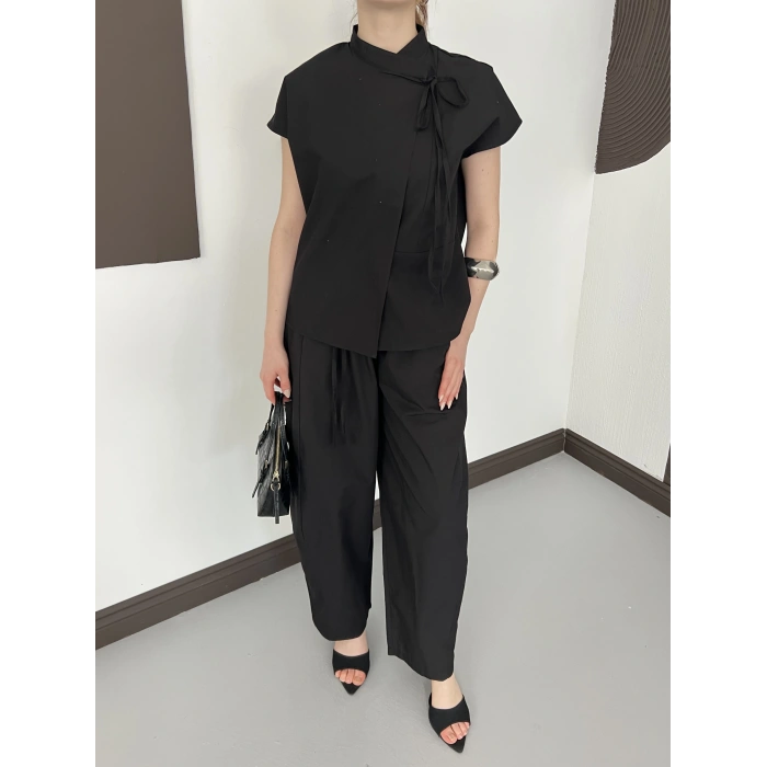 Poplin Bağlama Detaylı Bluz-PAntolon Takım Siyah