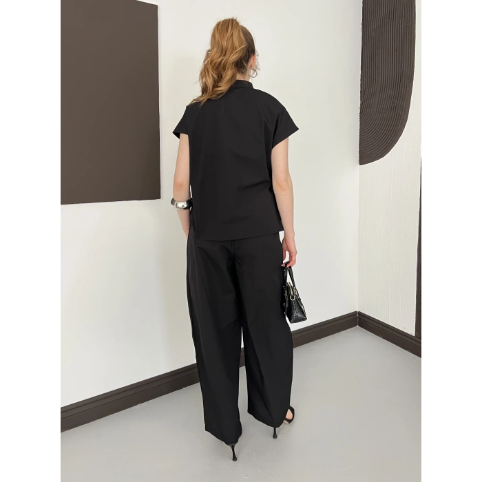 Poplin Bağlama Detaylı Bluz-PAntolon Takım Siyah