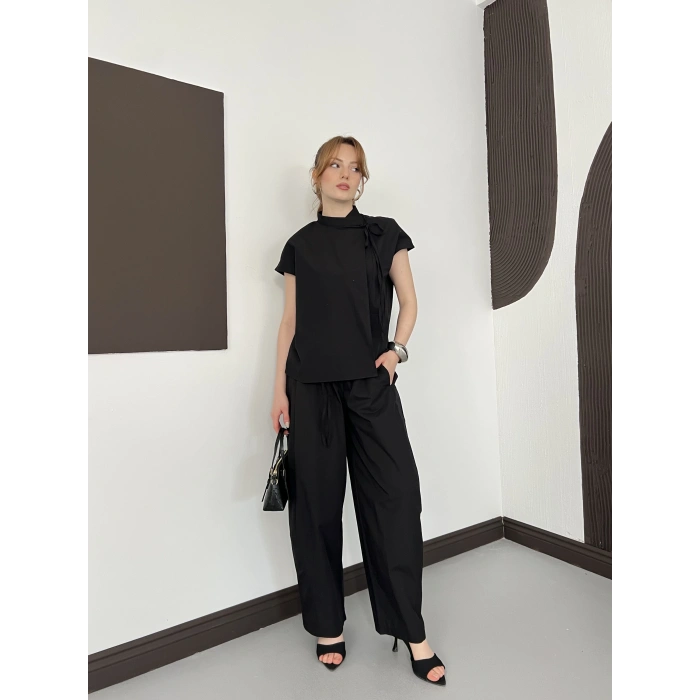 Poplin Bağlama Detaylı Bluz-PAntolon Takım Siyah