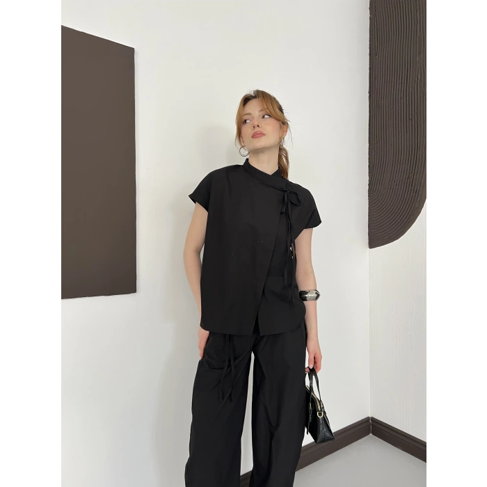 Poplin Bağlama Detaylı Bluz-PAntolon Takım Siyah