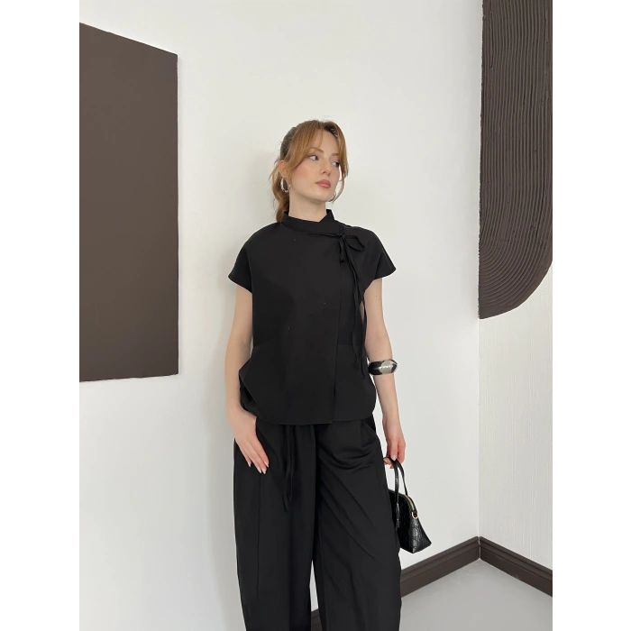 Poplin Bağlama Detaylı Bluz-PAntolon Takım Siyah