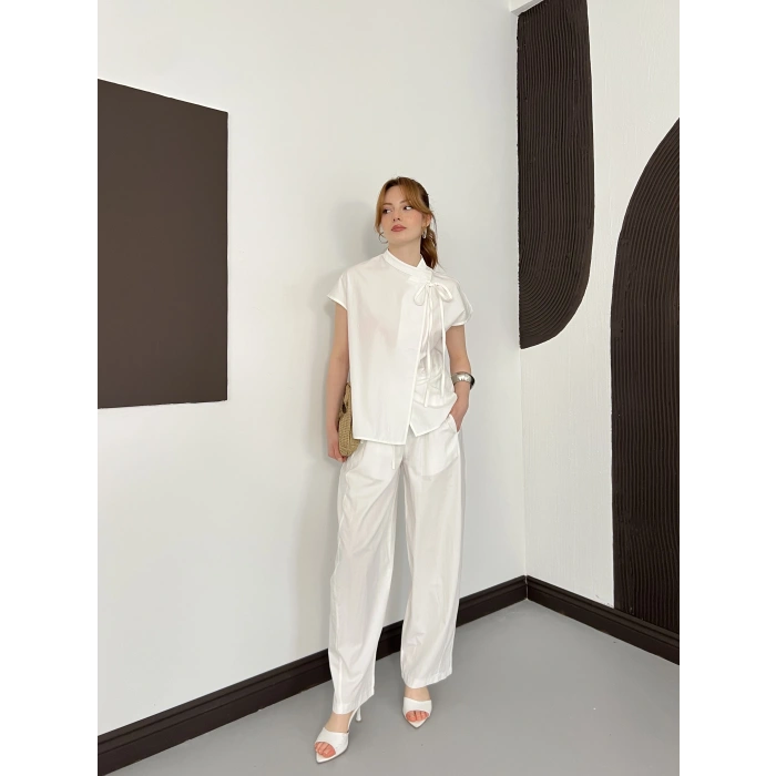 Poplin Bağlama Detaylı Bluz-PAntolon Takım Beyaz