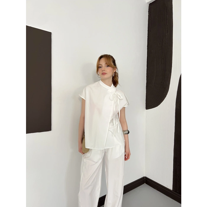 Poplin Bağlama Detaylı Bluz-PAntolon Takım Beyaz