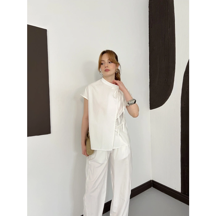 Poplin Bağlama Detaylı Bluz-PAntolon Takım Beyaz