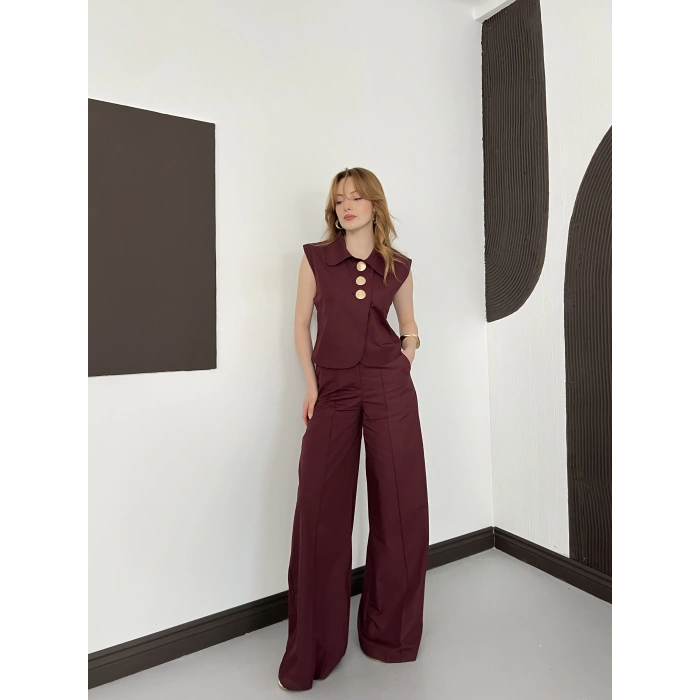Büyük Düğme Detaylı Yelek-Pantolon Takım Bordo