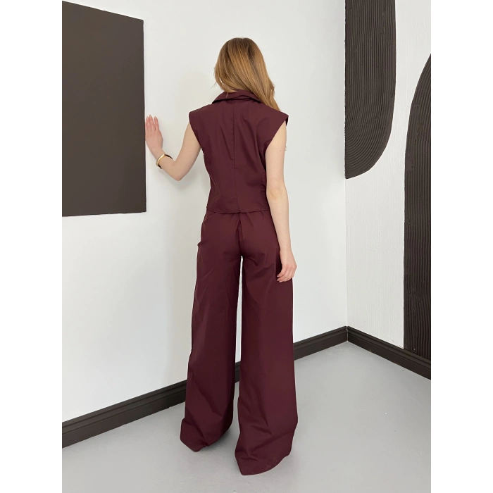 Büyük Düğme Detaylı Yelek-Pantolon Takım Bordo
