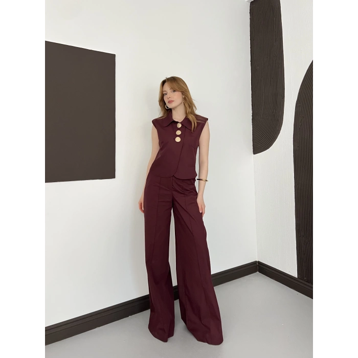 Büyük Düğme Detaylı Yelek-Pantolon Takım Bordo