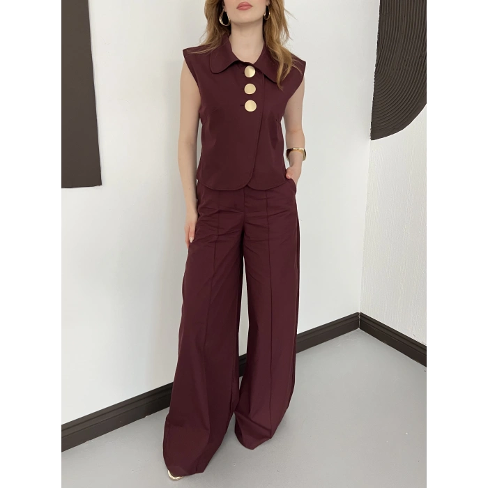 Büyük Düğme Detaylı Yelek-Pantolon Takım Bordo