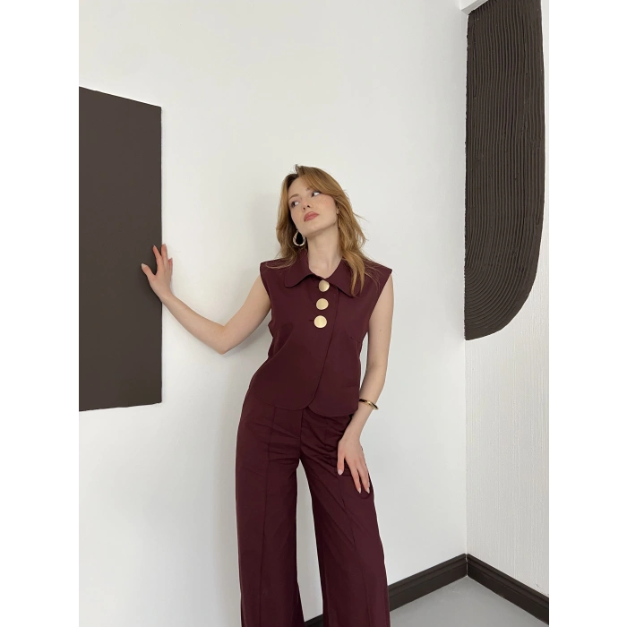 Büyük Düğme Detaylı Yelek-Pantolon Takım Bordo