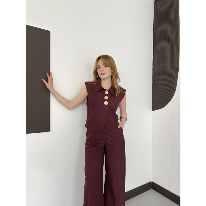 Büyük Düğme Detaylı Yelek-Pantolon Takım Bordo