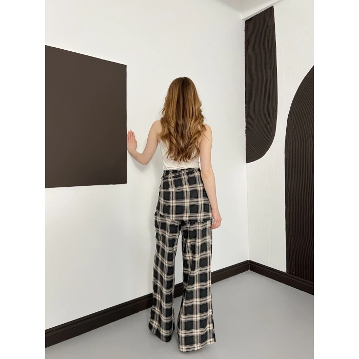 Ekose Desen Fularlı Keten Pantolon Yeşil