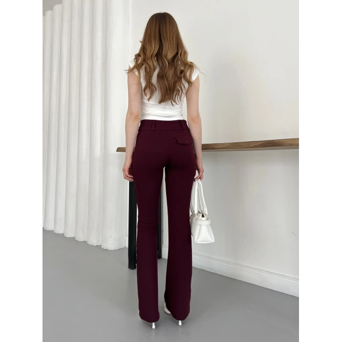 Çift Düğme Detaylı İspanyol Paça Pantolon Bordo