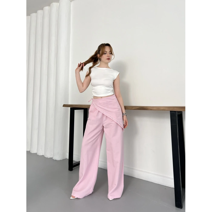 Fular Zımba Detaylı Keten Pantolon Pembe