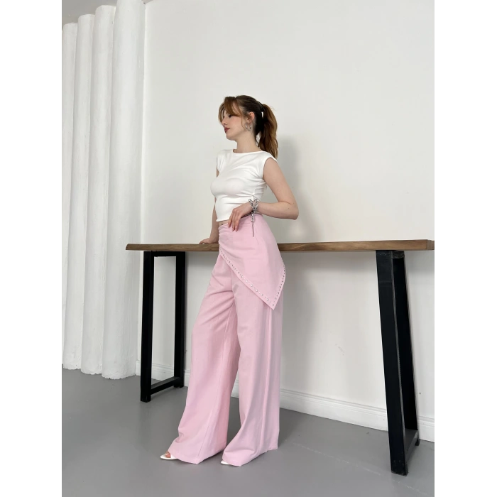 Fular Zımba Detaylı Keten Pantolon Pembe