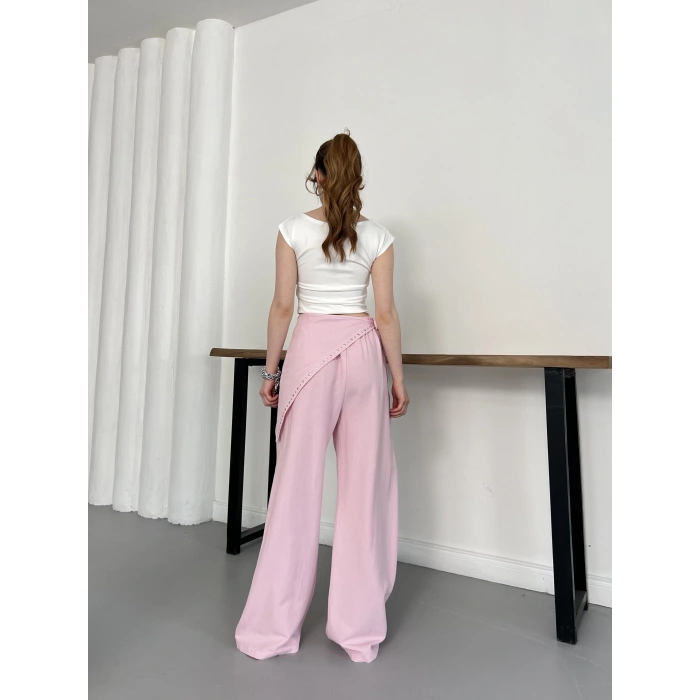Fular Zımba Detaylı Keten Pantolon Pembe