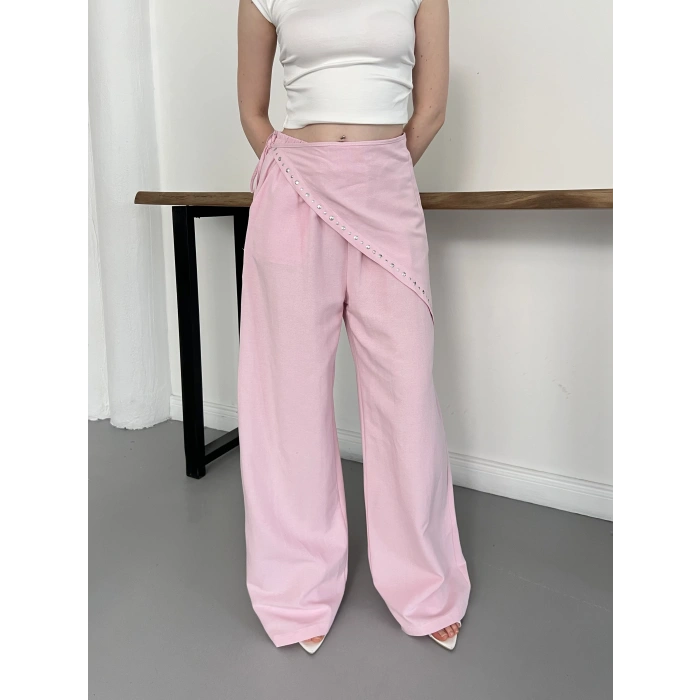 Fular Zımba Detaylı Keten Pantolon Pembe