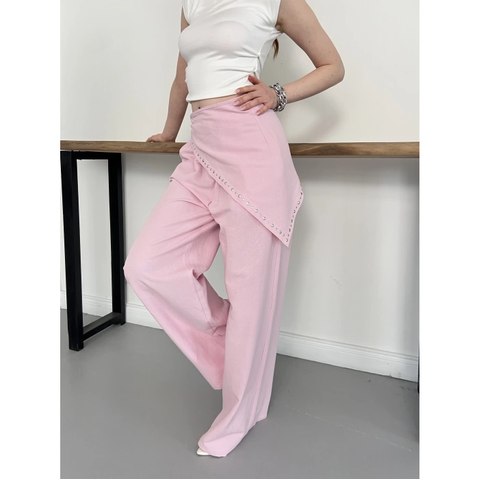 Fular Zımba Detaylı Keten Pantolon Pembe