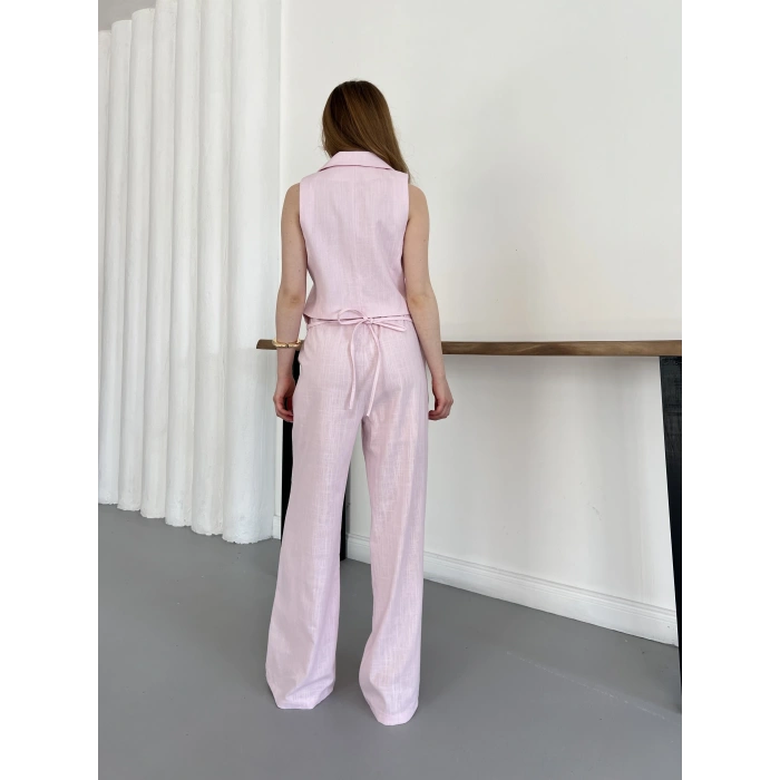 Arka Bağlama Detaylı Yelek-Pantolon Keten Takım Pembe