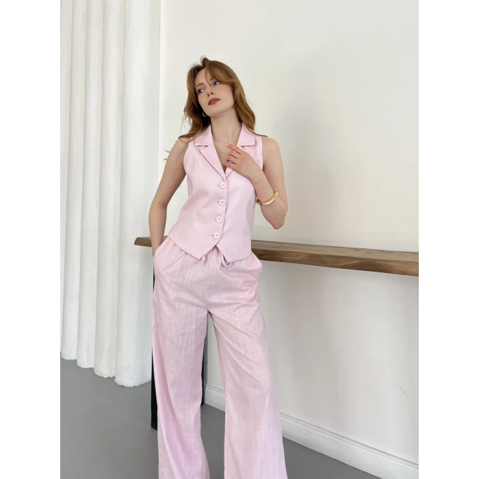 Arka Bağlama Detaylı Yelek-Pantolon Keten Takım Pembe