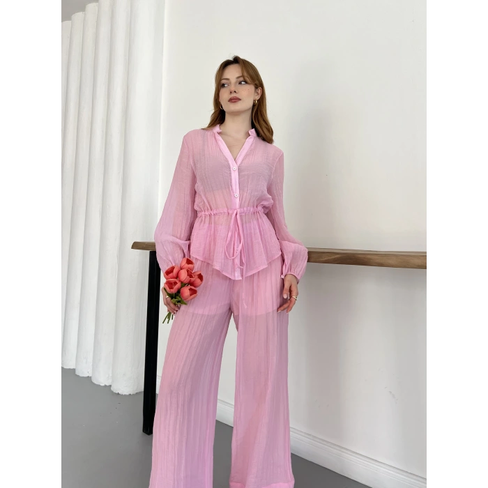 İspanyol Paça Transparan Gömlek-Pantolon Takım Pembe