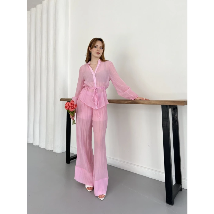 İspanyol Paça Transparan Gömlek-Pantolon Takım Pembe