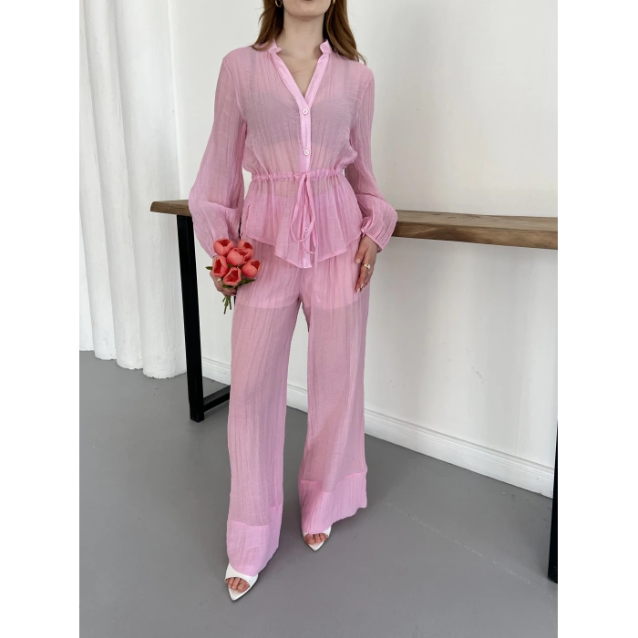İspanyol Paça Transparan Gömlek-Pantolon Takım Pembe