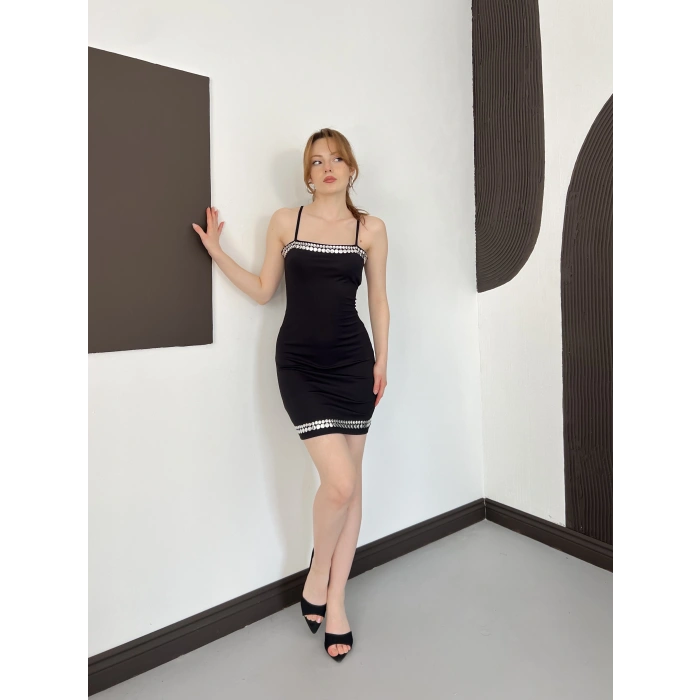 Zımba Detaylı Askılı Mini Elbise Siyah